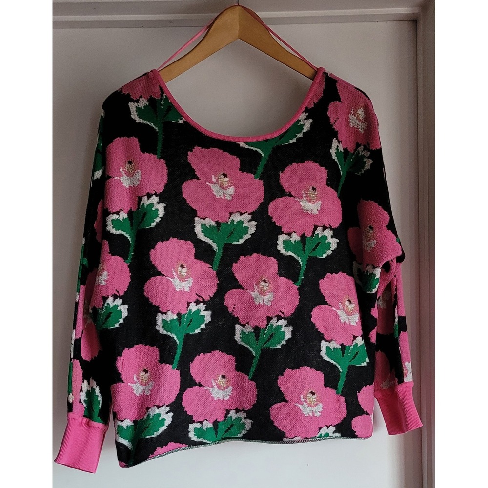 Daily Practice Pullover Sweater S Floral Black Pink Green Cotton Oversized